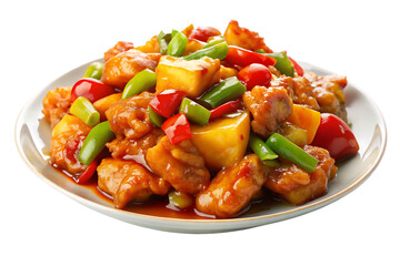 Delicious sweet and sour chicken with pineapple red and green peppers in glaze isolated on a transparent background