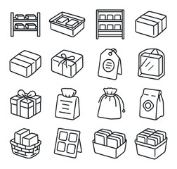 Soap curing and packaging icons in minimalistic line art : wooden curing rack, parchment-lined tray, drying room shelf, labeled soap wrap, kraft paper band, twine bow wrap, stamped kraft tag,