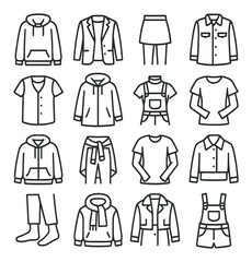 Layered look styling icons in minimalistic line art : tank under hoodie, tee under blazer, skirt over leggings, long shirt under jacket, vest over tee, hoodie under trench, turtleneck under