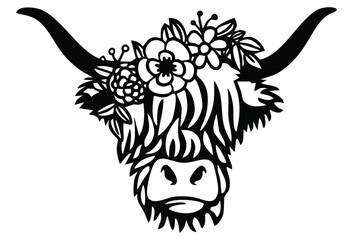 Highland Cow Floral Crown: A stylish Highland cow head silhouette adorned with a vibrant floral crown, perfect for adding a touch of rustic charm and bohemian aesthetics.