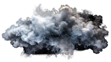 Dense white and grey smoke plumes swirling with dark shadows and highlights isolated on a transparent background