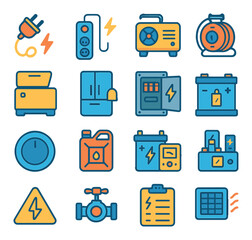 Home power management during outage icons in modern flat vector in minimalistic vibrant color design: unplugged appliance symbol, surge protector icon, backup generator unit, extension cord