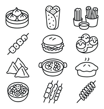Regional street foods icons in minimalistic line art : steamed dumplings, falafel wrap, churros with dip, rice paper rolls, jerk chicken skewer, arepa sandwich, curry fishball, takoyaki, samosa