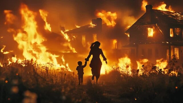Mother and child running towards burning house, dramatic fire scene, family emergency at night, flames and smoke, desperate rescue attempt.