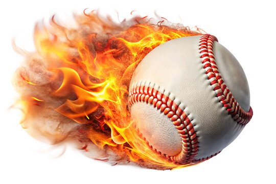 White baseball with red stitching engulfed in bright orange and yellow flames isolated on a transparent background 1