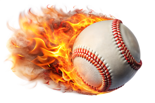 White baseball with red stitching engulfed in bright orange and yellow flames isolated on a transparent background 1