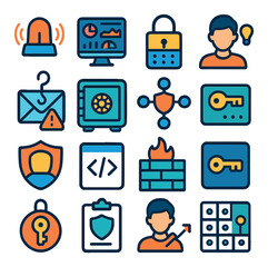 Preventive measures icons in modern flat vector in minimalistic vibrant color design: intrusion detection system icon, network monitoring dashboard, encryption lock panel, security awareness