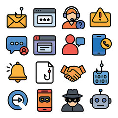 Phishing and social engineering icons in modern flat vector in minimalistic vibrant color design: phishing email envelope, fraudulent website login, fake customer support icon, misleading