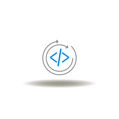 Vector illustration of programming code with round arrows processing. Symbol of software script testing. Icon of coding.