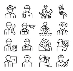 Search and rescue personnel roles icons in minimalistic line art : team leader icon, medic on scene, search dog handler, rope rescue tech, radio operator, drone pilot, swiftwater rescuer, night