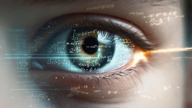 Close-up of a human eye with mathematical formulas and equations superimposed and reflected within the iris, representing abstract concepts of intelligence and complex thought
