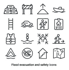 Flood evacuation and safety icons in minimalistic line art : sandbag barrier, road closure sign, high ground arrow, rescue boat icon, emergency ladder, car submerged symbol, pedestrian detour