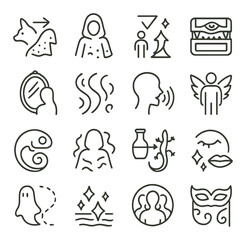 Fototapeta premium Transformation spells pages icons in minimalistic line art : animal morph glyph, invisibility veil sketch, size change rune, mimic form sigil, mirror reflection chant, illusion script, voice