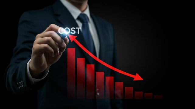 Cost Reduction Strategy: Businessman Showing Decreasing Costs on Graph | Business, Finance, Efficiency