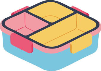 Divided lunch box container with pink red yellow and blue compartments for food storage and meal organization vector illustration 