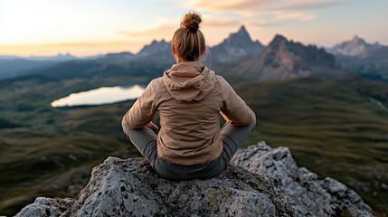 A serene image of a woman meditating on a mountain peak, overlooking a breathtaking landscape filled with mountains and a tranquil lake, embodying inner peace and reflection.
