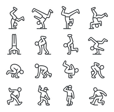 Breakdance moves icons in minimalistic line art : headspin pose, windmill freeze, flare rotation, backspin transition, handstand balance, hollowback freeze, airbaby stance, swipe movement,