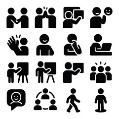Avatar interactions icons in silhouette solid black-filled shapes with clean, simple : avatar handshake, high-five animation, shared screen gesture, emoji expression wave, applause icon,