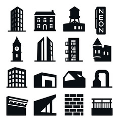 Fototapeta premium Architectural contrasts icons in silhouette solid black-filled shapes with clean, simple : modern glass tower, historic stone building, rooftop water tank, neon-lit signage, old clock tower,
