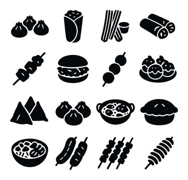 Regional street foods icons in silhouette solid black-filled shapes with clean, simple : steamed dumplings, falafel wrap, churros with dip, rice paper rolls, jerk chicken skewer, arepa sandwich