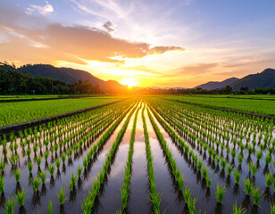 Golden Hour Over Rice Paddy: Reflections of Sunset in Tranquil Water