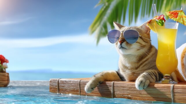 Fototapeta A relaxed cat lounges at the pool's edge wearing stylish sunglasses. The feline enjoys a colorful tropical drink while basking in the sun, surrounded by palm trees and vibrant flowers
