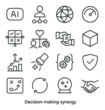 Decision-making synergy icons in minimalistic line art : AI suggestion chip, human review node, consensus algorithm sphere, risk evaluation dial, collaborative decision matrix, logic-emotion