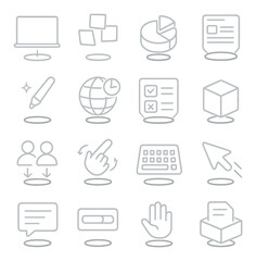 Interactive holographic tools icons in minimalistic line art : floating whiteboard, virtual sticky notes, 3D pie chart, holographic document viewer, smart annotation pen, meeting timer globe,