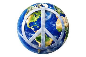Earth with a silver peace symbol overlay divided on a black background isolated on a transparent background