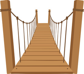 Wooden suspension bridge with rope handrails crossing perspective natural outdoor structure vector illustration 