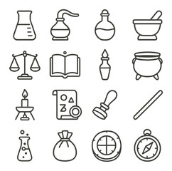 Classic alchemist tools icons in minimalistic line art : glass beaker, copper alembic, sealed flask, mortar and pestle, balance scale, open grimoire, crystal vial, iron cauldron, candle burner,