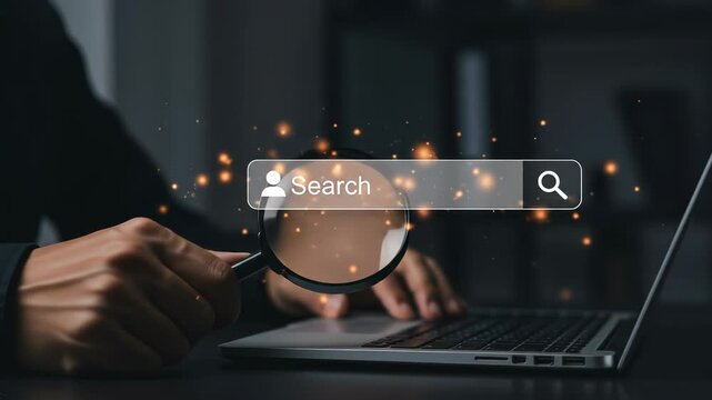 Online Search Concept: Magnifying Glass, Laptop, and Sparkling Search Bar - Digital Research & Information Retrieval