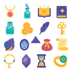 Enchanted items around the tent icons in modern flat vector in minimalistic vibrant color design: enchanted necklace, spirit bottle, glowing book of fate, tarot deck box, potion jar with