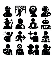 Work avatars and roles icons in silhouette solid black-filled shapes with clean, simple : taskmaster avatar, goalkeeper avatar, problem-solver badge, support role icon, creative wizard avatar,