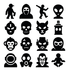 Fototapeta premium Graffiti character s icons in silhouette solid black-filled shapes with clean, simple : street artist figure, hoodie with mask, urban dancer silhouette, cartoon alien, robotic face, graffiti-