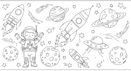Space-Themed Coloring Page with Astronauts, Rockets, and Planets