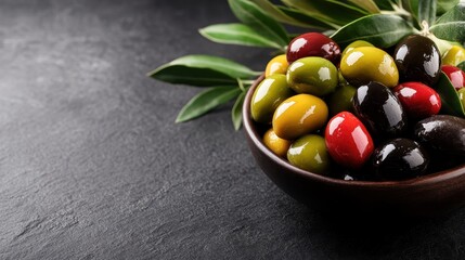 A variety of olives, with colors ranging from green to black and red, nestled in a wooden bowl alongside fresh olive leaves, showcasing nature's bounty and culinary delight.
