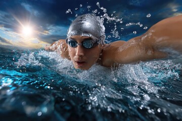 A swimmer propels through water with precision and focus, demonstrating athleticism and technique against a dramatic sky during early morning hours