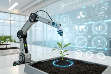 Robotic arm cultivating a small plant with glowing blue light. Smart farm concept with virtual data interface for agriculture.