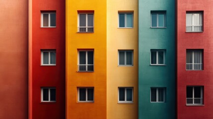 A striking image of a vibrant, multi-colored facade composed of modern residential buildings, conveying a sense of urban design and contemporary architectural aesthetics.