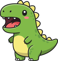 Fototapeta premium Cute green dinosaur cartoon character with yellow spikes and open mouth smiling vector illustration 