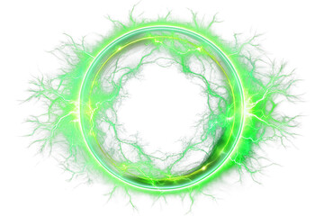 Glowing green electric energy ring with lightning bursts and yellow inner circle isolated on a transparent background