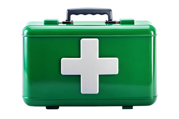 Obraz premium Green first aid kit with white cross symbol and dark gray handle isolated on a transparent background