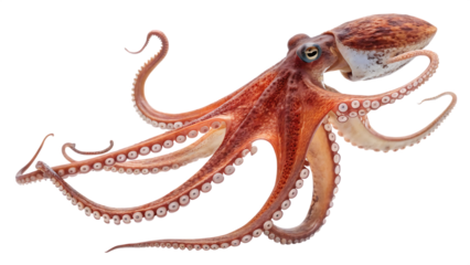 Red octopus with visible suckers and blue eyes spread out on a black background isolated on a transparent background