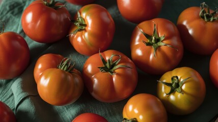 Fresh assorted tomatoes on teal fabric background