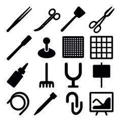 Obraz premium Aquascaping tools icons in silhouette solid black-filled shapes with clean, simple : planting tweezers, curved trimming scissors, substrate flattening spatula, rock placement tong, aquascape