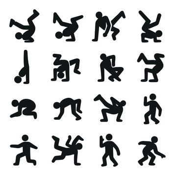 Breakdance moves icons in silhouette solid black-filled shapes with clean, simple : headspin pose, windmill freeze, flare rotation, backspin transition, handstand balance, hollowback freeze,