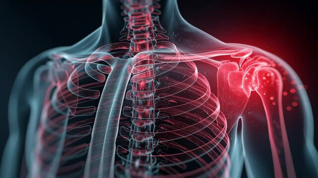 Medical animation showcasing a transparent human shoulder highlighting the bones, joints, and surrounding tissues, with a red glow indicating areas of pain or inflammation
