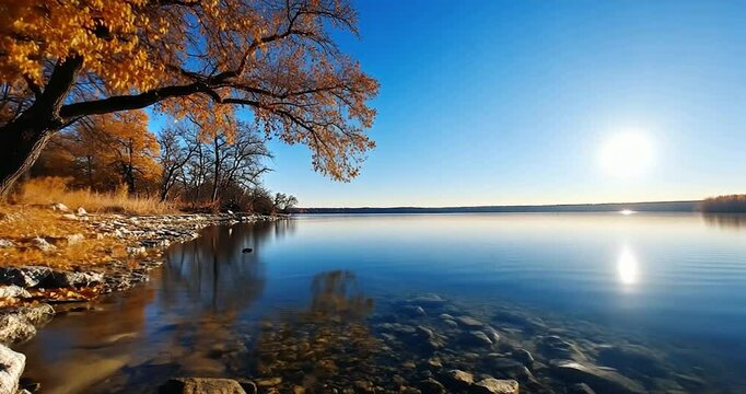 Autumn trees reflecting on tranquil lake under bright sunny sky video footage capturing serene nature scene with crystal clear water and horizon line