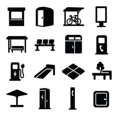 Modular public infrastructure icons in silhouette solid black-filled shapes with clean, simple : ticket booth, public restroom pod, bike parking shelter, information kiosk, bus stop shelter,